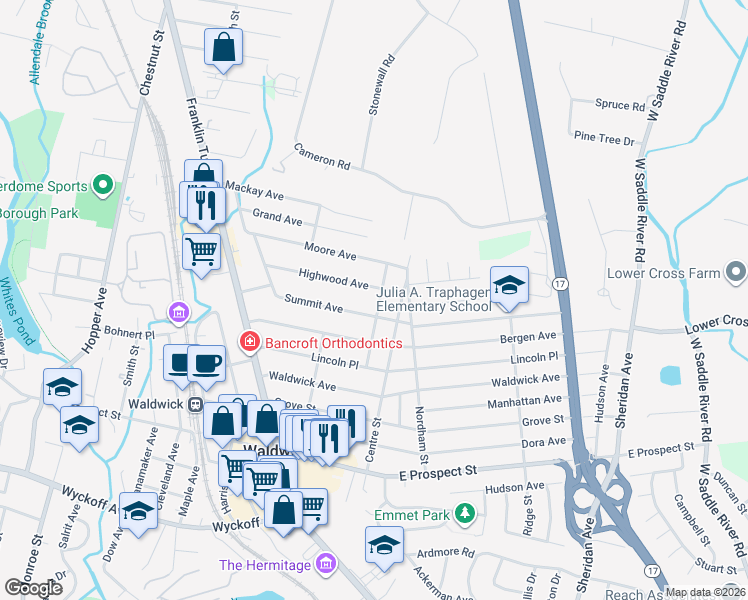 map of restaurants, bars, coffee shops, grocery stores, and more near 74 Cortland Street in Waldwick