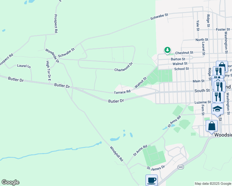 map of restaurants, bars, coffee shops, grocery stores, and more near Terrace Road in Freeland