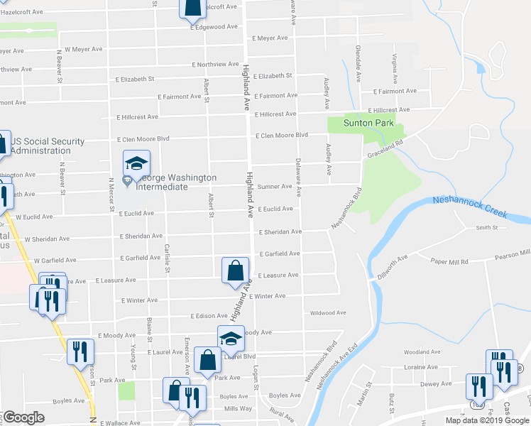 map of restaurants, bars, coffee shops, grocery stores, and more near 410 East Euclid Avenue in New Castle