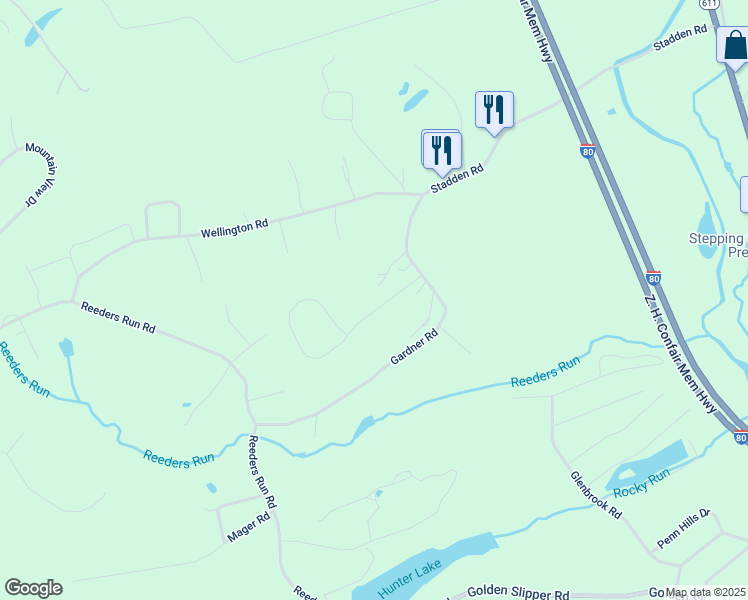 map of restaurants, bars, coffee shops, grocery stores, and more near 323 Lilac Lane in Stroudsburg