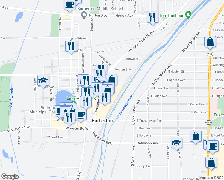 map of restaurants, bars, coffee shops, grocery stores, and more near 241 Wooster Road North in Barberton