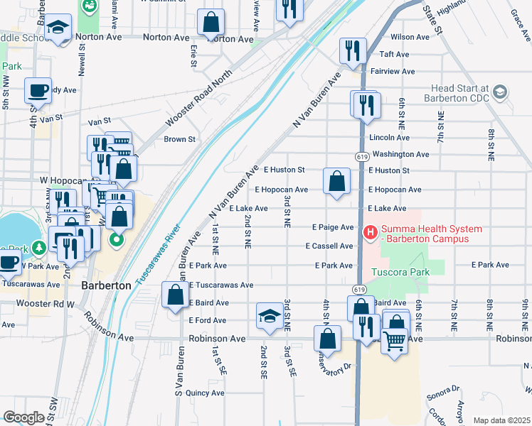 map of restaurants, bars, coffee shops, grocery stores, and more near 284 East Lake Avenue in Barberton