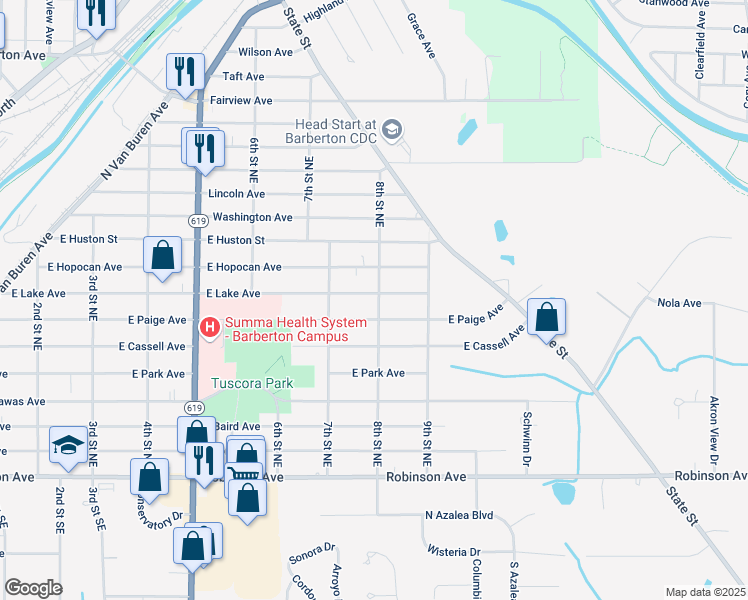 map of restaurants, bars, coffee shops, grocery stores, and more near 652 East Lake Avenue in Barberton