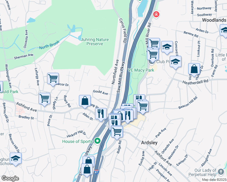 map of restaurants, bars, coffee shops, grocery stores, and more near 67 Northfield Avenue in Dobbs Ferry