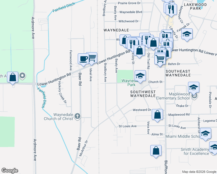 map of restaurants, bars, coffee shops, grocery stores, and more near 7219 Bradbury Ave in Fort Wayne