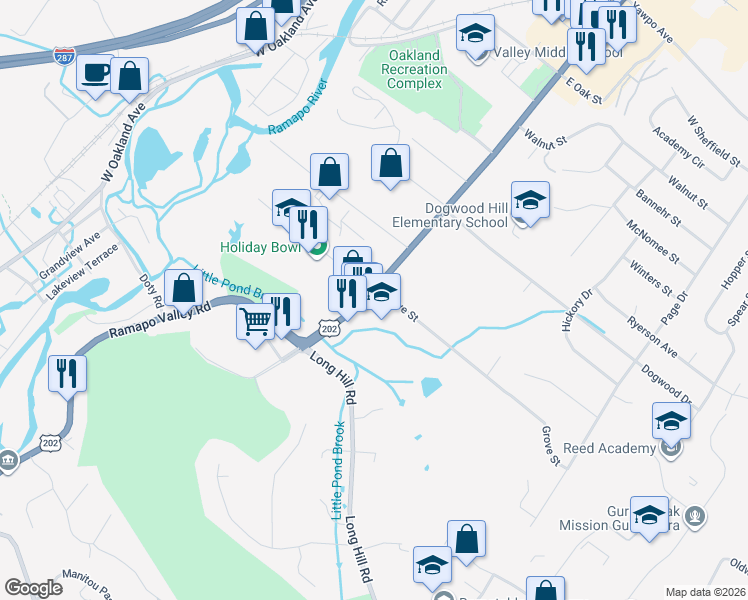 map of restaurants, bars, coffee shops, grocery stores, and more near 194 Ramapo Valley Road in Oakland