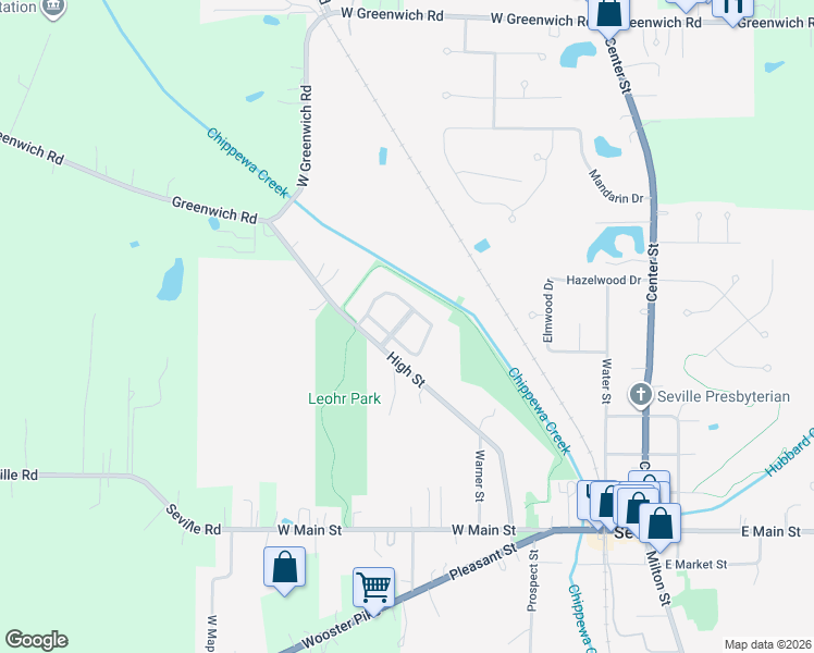 map of restaurants, bars, coffee shops, grocery stores, and more near 9487 Shawnee Path Lane in Seville