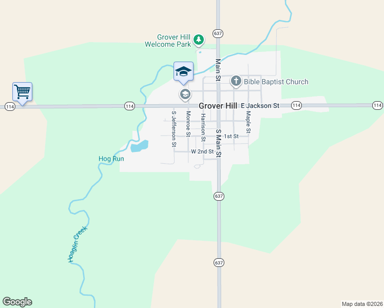 map of restaurants, bars, coffee shops, grocery stores, and more near 201 West 2nd Street in Grover Hill