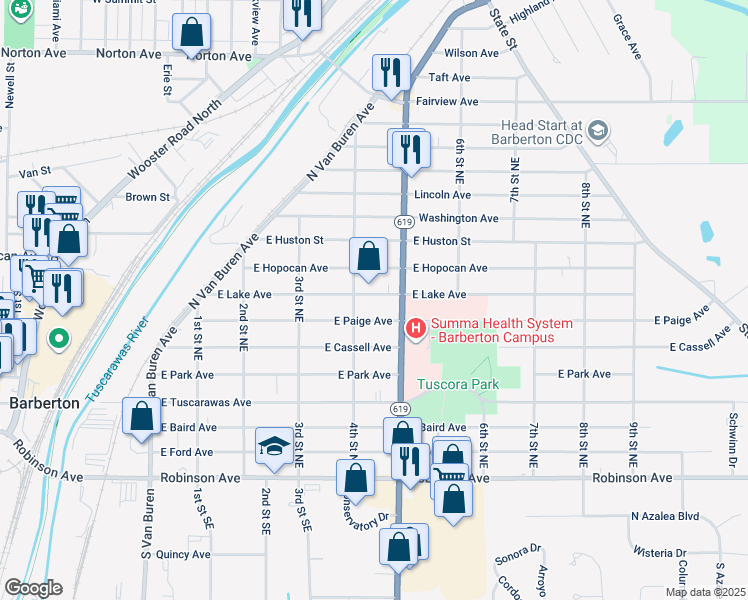 map of restaurants, bars, coffee shops, grocery stores, and more near 410 East Lake Avenue in Barberton