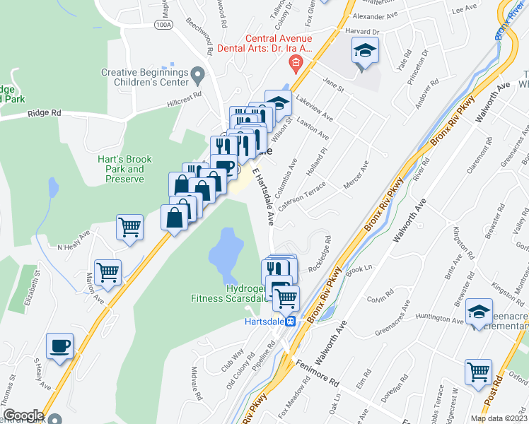 map of restaurants, bars, coffee shops, grocery stores, and more near 80 East Hartsdale Avenue in Hartsdale