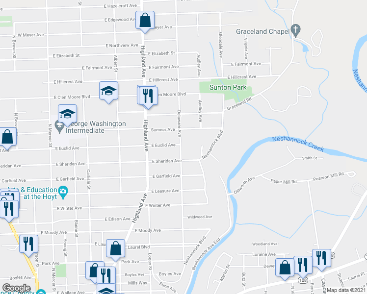 map of restaurants, bars, coffee shops, grocery stores, and more near 1416 Delaware Avenue in New Castle