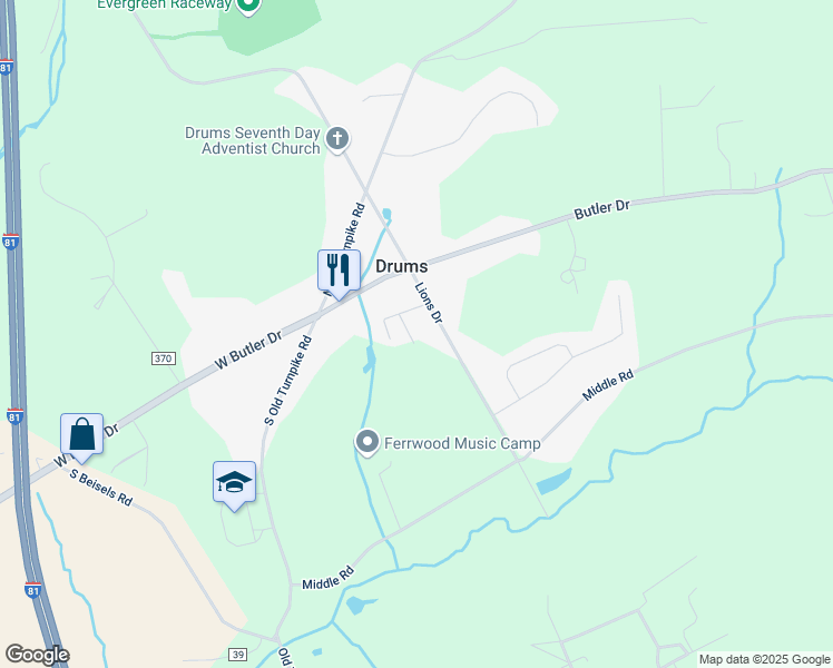 map of restaurants, bars, coffee shops, grocery stores, and more near 1118 Parkview Lane in Drums