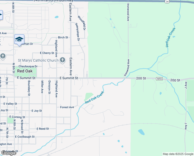 map of restaurants, bars, coffee shops, grocery stores, and more near 1803 East Summit Street in Red Oak