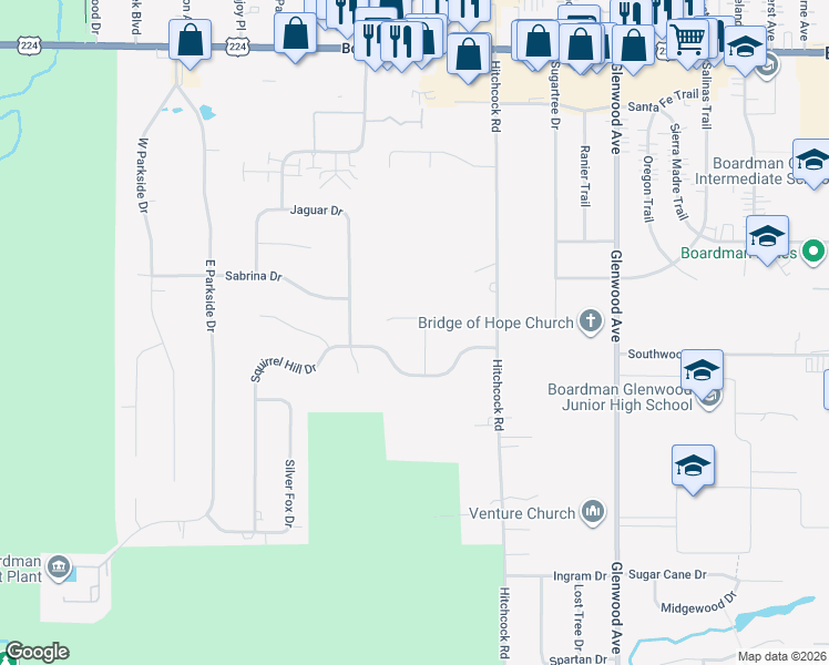 map of restaurants, bars, coffee shops, grocery stores, and more near 7602 Red Fox Drive in Youngstown