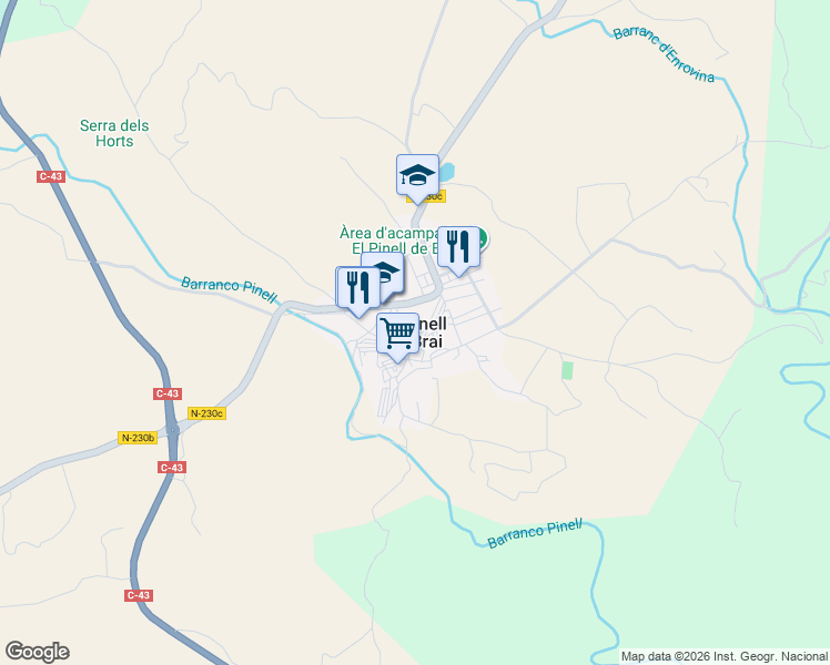 map of restaurants, bars, coffee shops, grocery stores, and more near in El Pinell de Brai