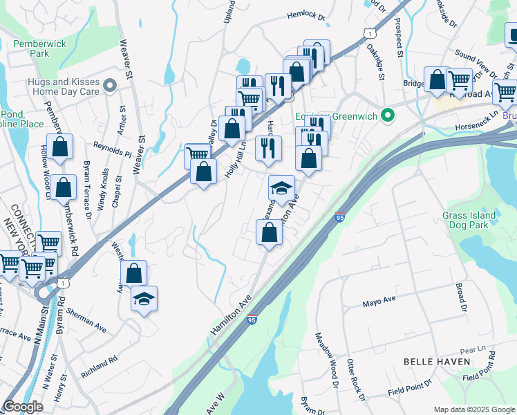 map of restaurants, bars, coffee shops, grocery stores, and more near 44 Gerry Street in Greenwich