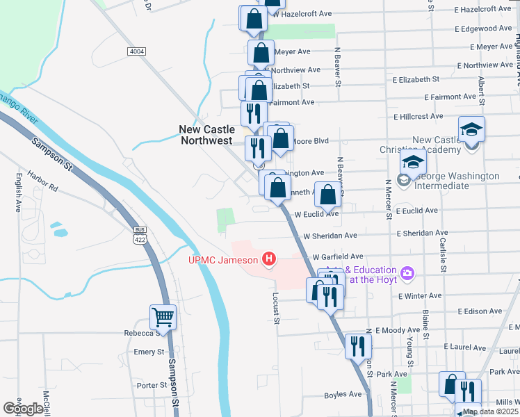map of restaurants, bars, coffee shops, grocery stores, and more near 213 Cathcart Drive in New Castle