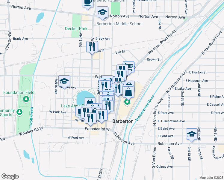 map of restaurants, bars, coffee shops, grocery stores, and more near 203 1st Street Northwest in Barberton