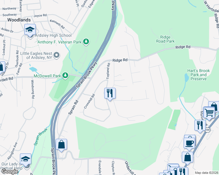 map of restaurants, bars, coffee shops, grocery stores, and more near 19 Topland Road in Hartsdale