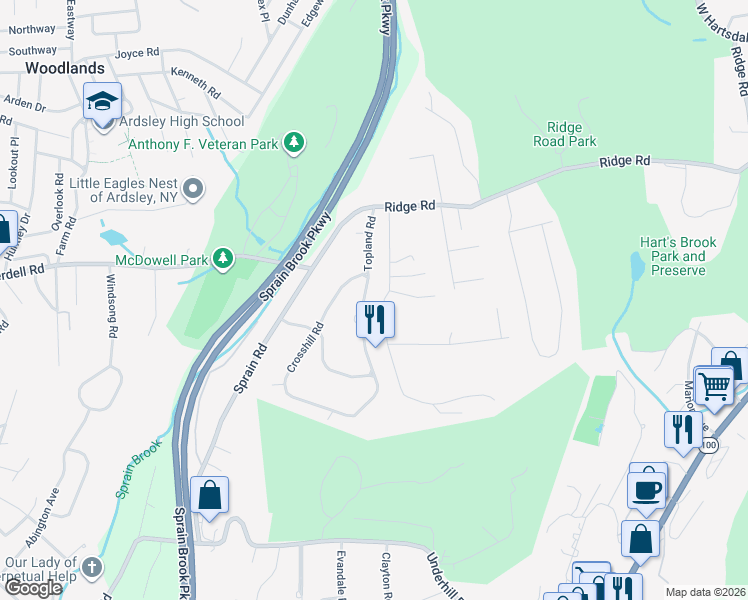 map of restaurants, bars, coffee shops, grocery stores, and more near 19 Topland Road in Hartsdale