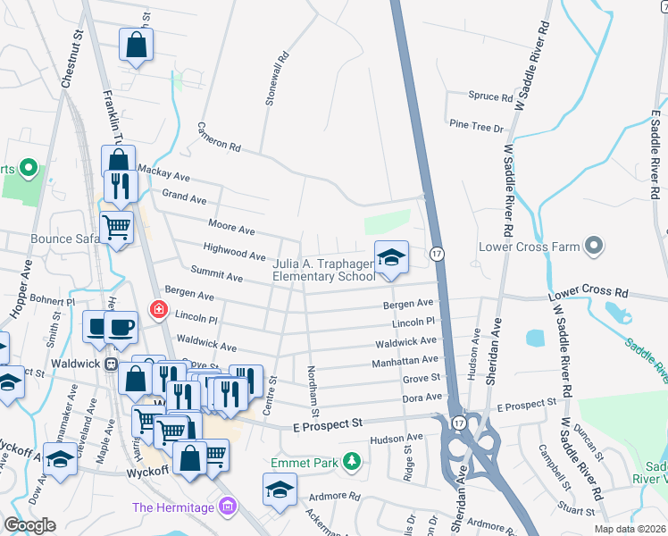 map of restaurants, bars, coffee shops, grocery stores, and more near 94 Ridgewald Avenue in Waldwick