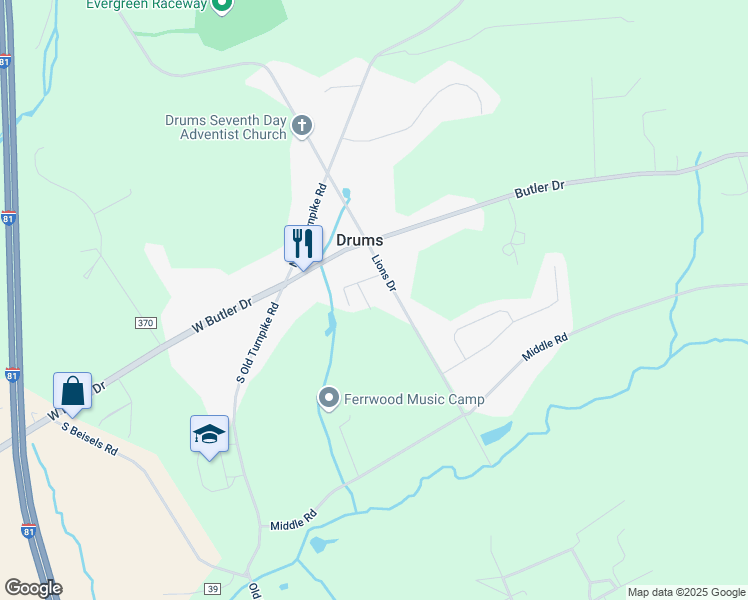 map of restaurants, bars, coffee shops, grocery stores, and more near 1118 Parkview Lane in Drums