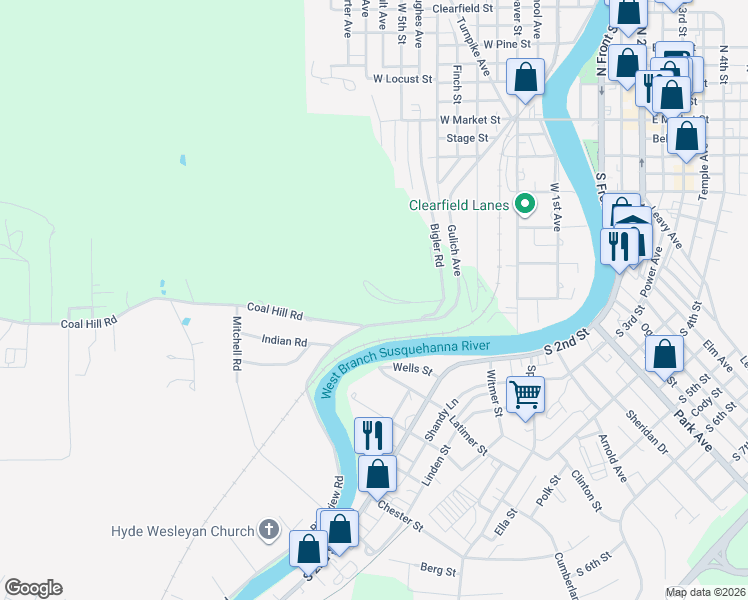 map of restaurants, bars, coffee shops, grocery stores, and more near 5315 Bigler Road in Clearfield