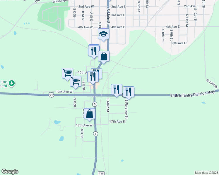map of restaurants, bars, coffee shops, grocery stores, and more near 145 12th Avenue West in Albia