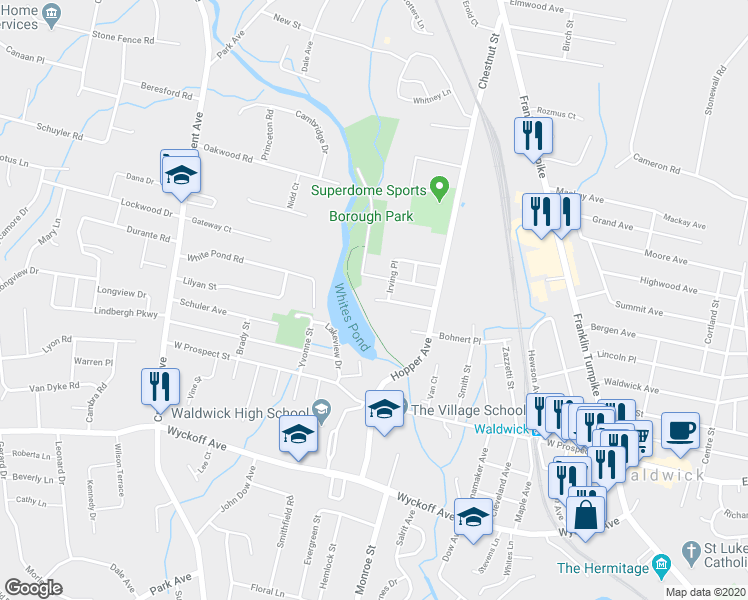 map of restaurants, bars, coffee shops, grocery stores, and more near 78 Sherman Avenue in Waldwick
