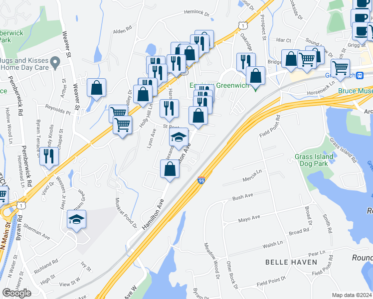 map of restaurants, bars, coffee shops, grocery stores, and more near 186 Hamilton Avenue in Greenwich