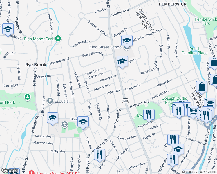 map of restaurants, bars, coffee shops, grocery stores, and more near 44 Indian Road in Port Chester