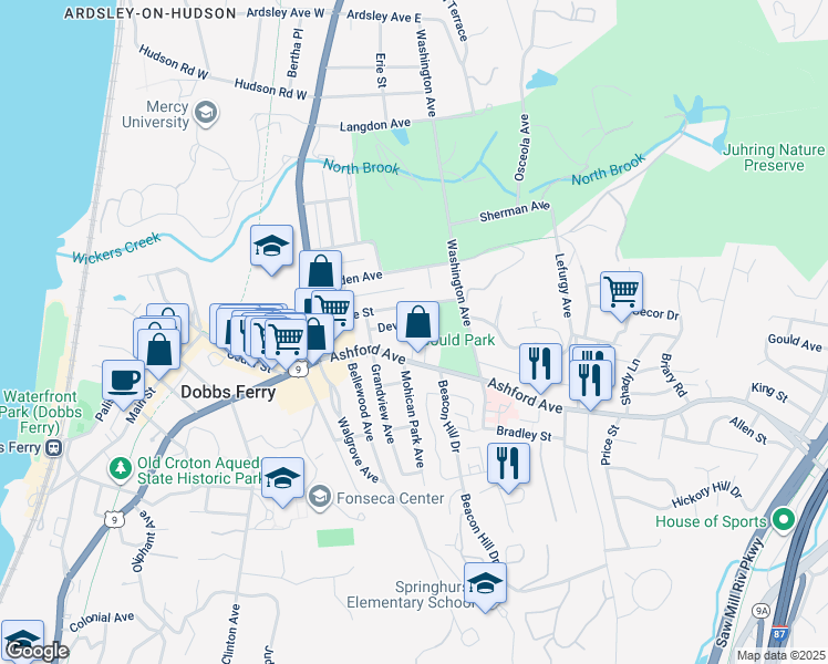 map of restaurants, bars, coffee shops, grocery stores, and more near 59 Ashford Avenue in Dobbs Ferry