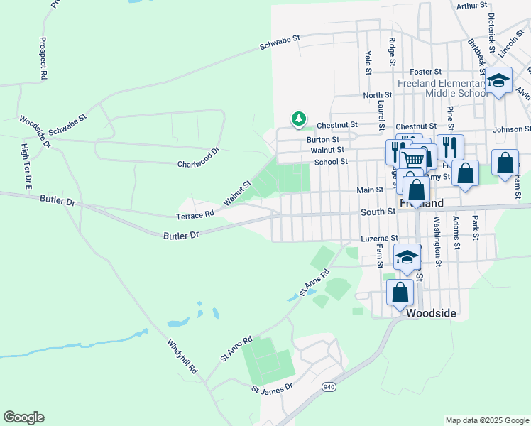 map of restaurants, bars, coffee shops, grocery stores, and more near Butler Drive in Freeland