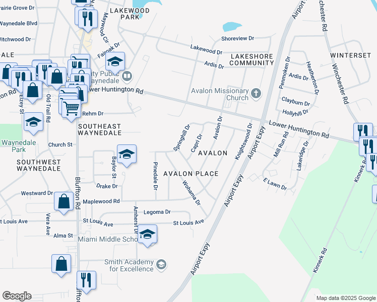 map of restaurants, bars, coffee shops, grocery stores, and more near 7431 Capri Drive in Fort Wayne