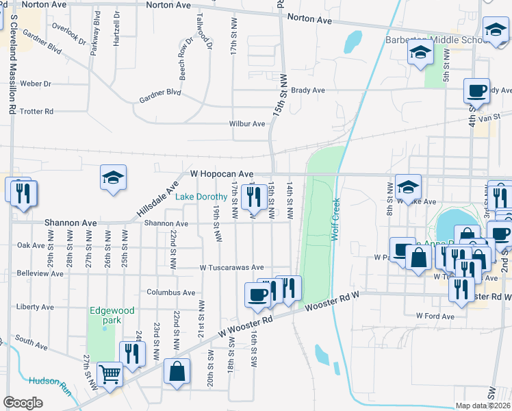 map of restaurants, bars, coffee shops, grocery stores, and more near 201 16th Street Northwest in Barberton