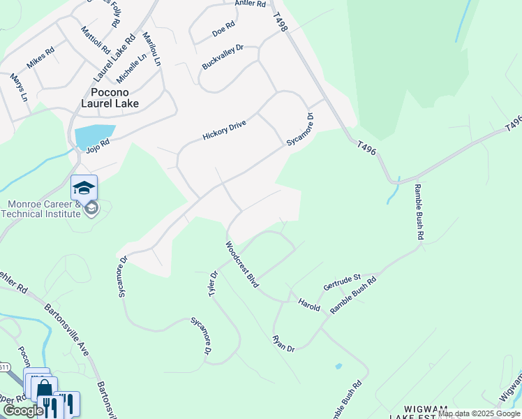 map of restaurants, bars, coffee shops, grocery stores, and more near Woodcrest Boulevard in Stroudsburg