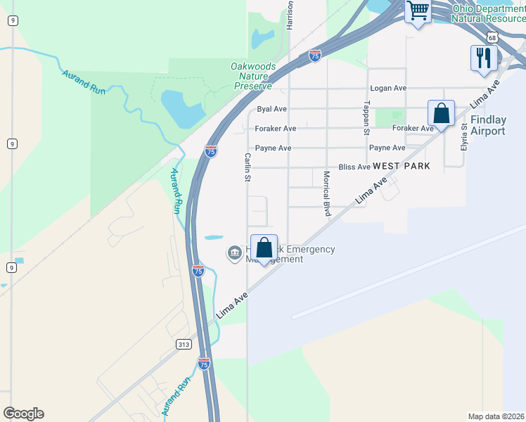 map of restaurants, bars, coffee shops, grocery stores, and more near 1898 Baker Way in Findlay