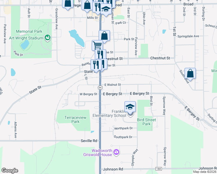 map of restaurants, bars, coffee shops, grocery stores, and more near 441 Main Street in Wadsworth