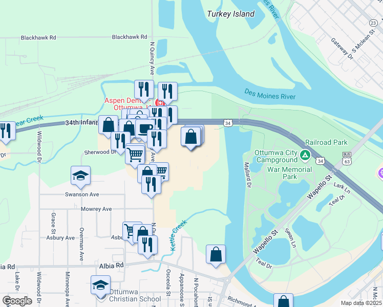 map of restaurants, bars, coffee shops, grocery stores, and more near 1110 North Quincy Avenue in Ottumwa