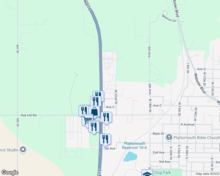 map of restaurants, bars, coffee shops, grocery stores, and more near 504 North 22nd Street in Plattsmouth