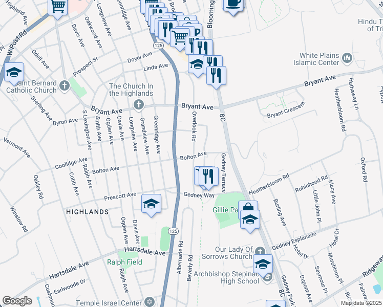 map of restaurants, bars, coffee shops, grocery stores, and more near 77 Bolton Avenue in White Plains