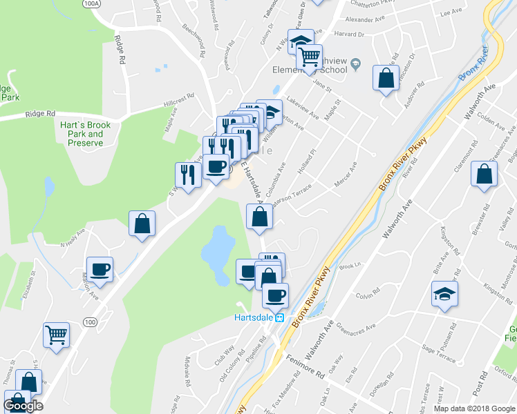map of restaurants, bars, coffee shops, grocery stores, and more near 80 East Hartsdale Avenue in Hartsdale