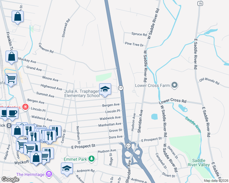 map of restaurants, bars, coffee shops, grocery stores, and more near 18 Sherbrooke Court in Upper Saddle River