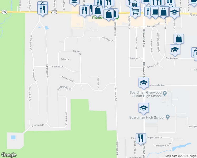 map of restaurants, bars, coffee shops, grocery stores, and more near 7603 Red Fox Drive in Youngstown