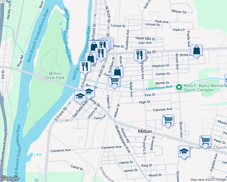 map of restaurants, bars, coffee shops, grocery stores, and more near 102 Race Street in Milton