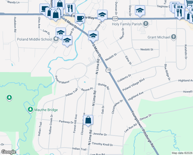 map of restaurants, bars, coffee shops, grocery stores, and more near 118 N Lima Rd in Poland