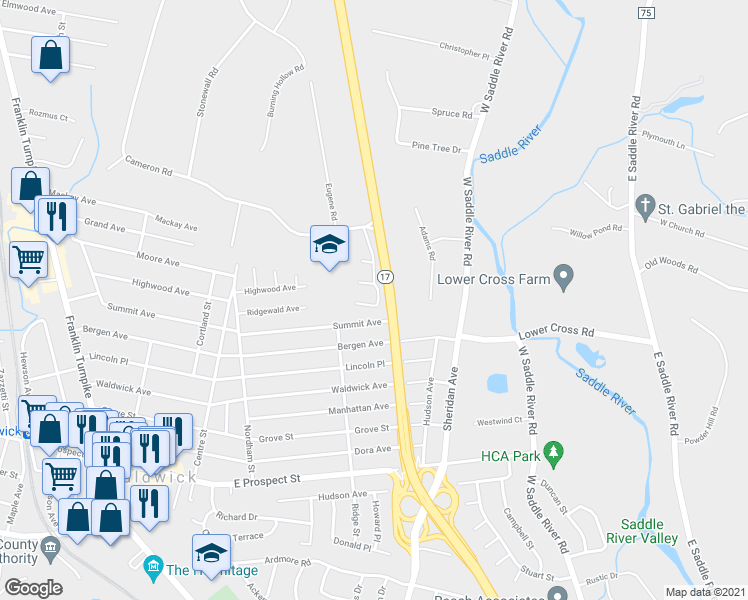 map of restaurants, bars, coffee shops, grocery stores, and more near 5 Sherbrooke Court in Saddle River