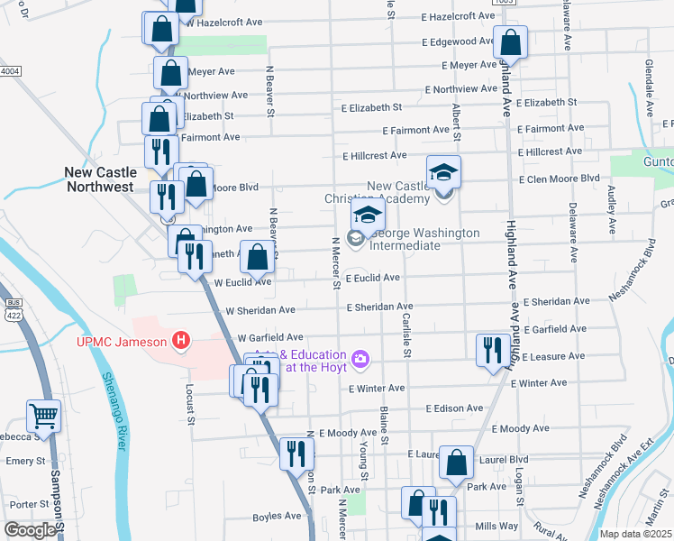 map of restaurants, bars, coffee shops, grocery stores, and more near 1524 North Mercer Street in New Castle