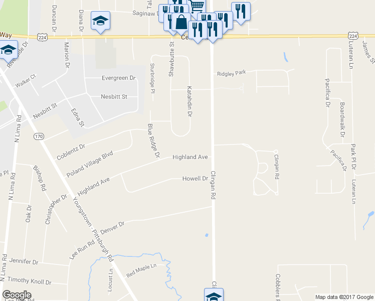map of restaurants, bars, coffee shops, grocery stores, and more near 3096 Highland Avenue in Youngstown