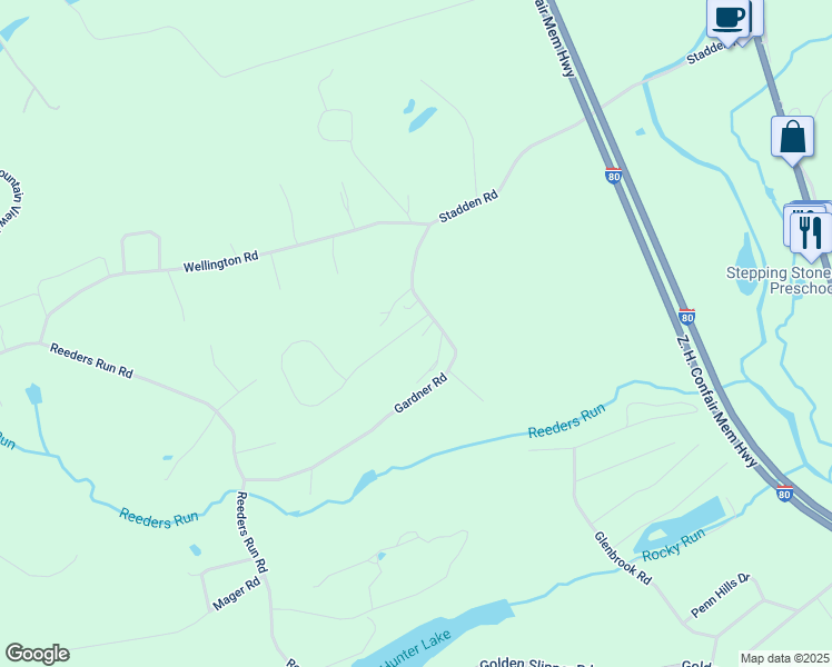 map of restaurants, bars, coffee shops, grocery stores, and more near 3801 Foxborough Court in Stroudsburg